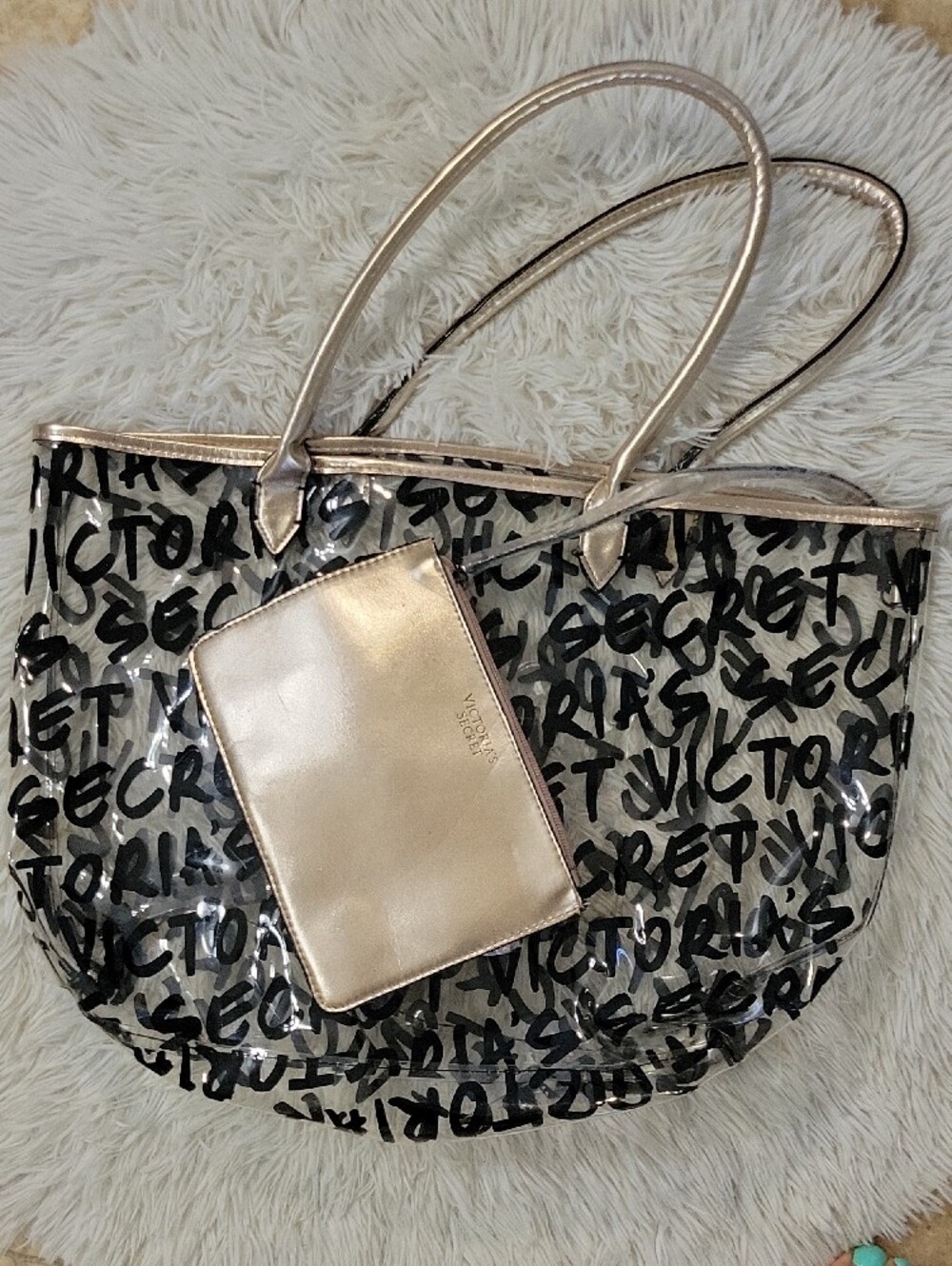 Victoria's Secret Clear Tote Bag with Gold Pouch - Metallic Trim
